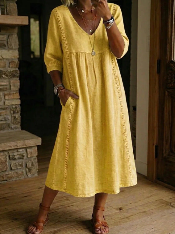 Women's Linen Cotton V-Neck Dress – Lace Trim, Loose Fit, 7 Colors – Zulily