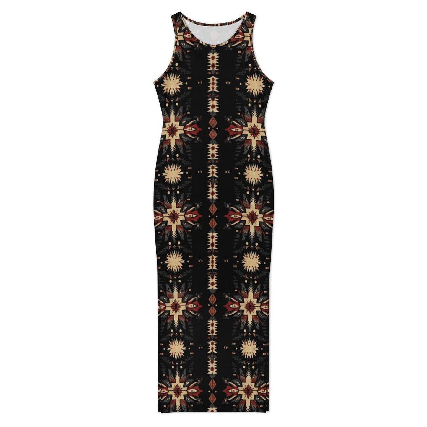 Baha Ranch Black and Tan Aztec Bodycon Side Slit Western Maxi Dress