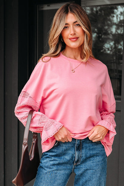 Threaded Pear Brielle Lace Ruffled Sleeve Patchwork Loose Sweatshirt