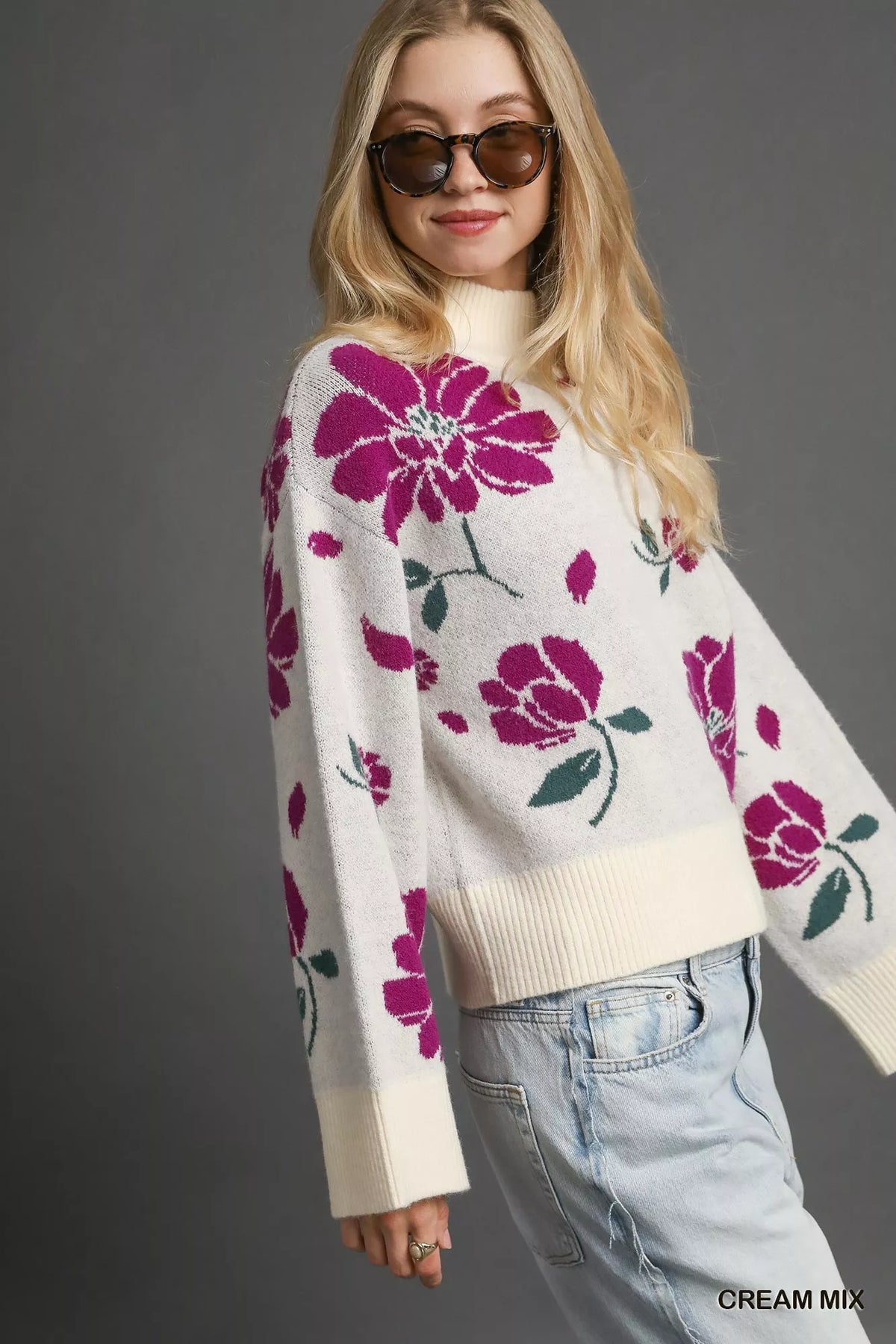 Umgee Floral Patterned Mock Neck Sweater