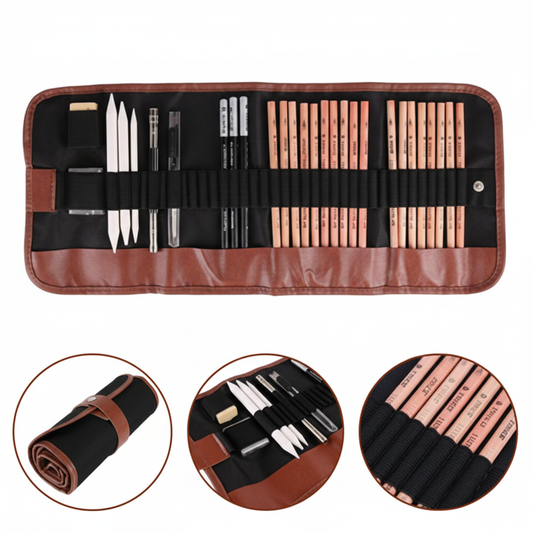 Prime Goods 29PCS Professional Drawing Artist Kit Set Pencils and Sketch Charcoal Art Tools - Brown