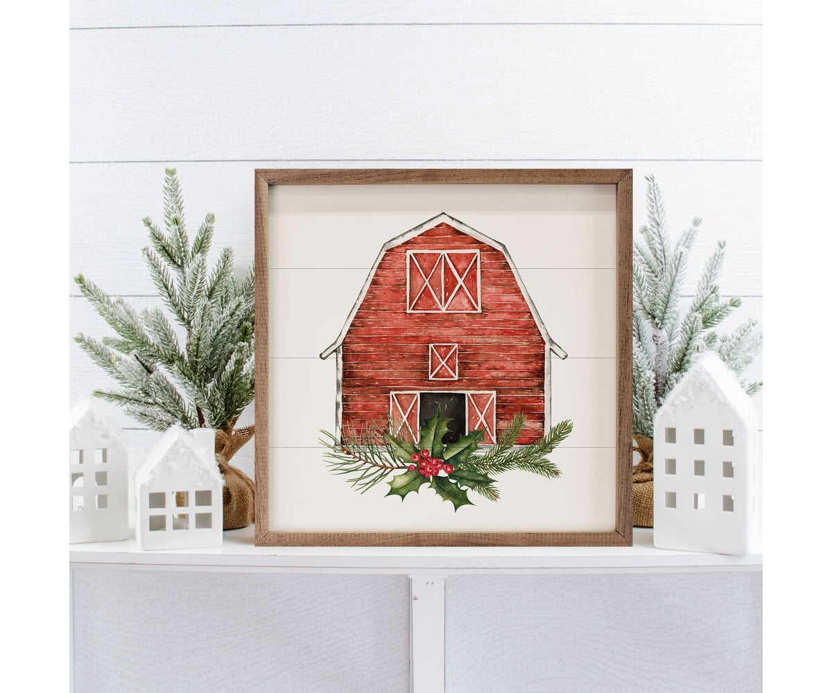 Kendrick Home Red Barn With Wreath Cardinal