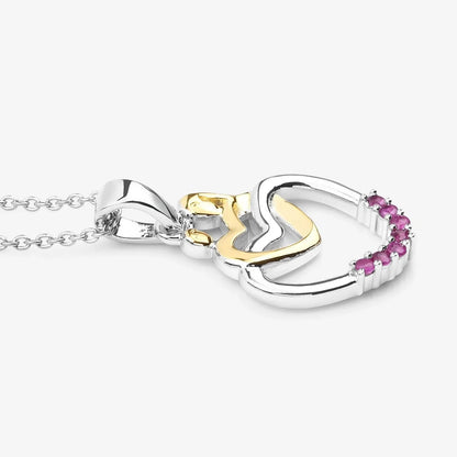 Round Pink Ruby Prong Silver Double Heart Pendant Necklace