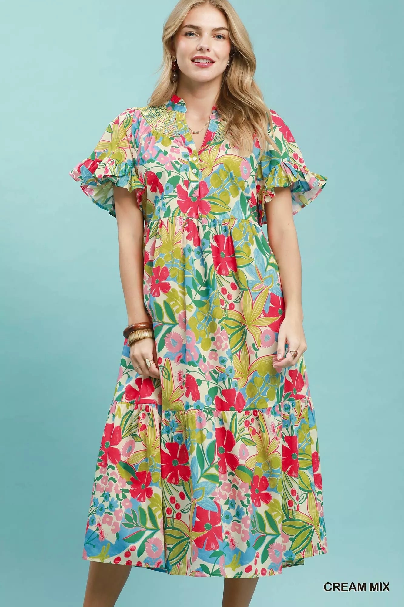 Umgee Tropical Floral Ruffle Sleeve Tiered Midi Dress in Cream