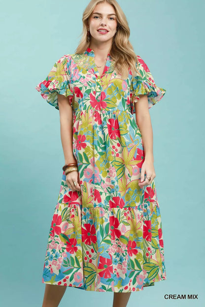 Umgee Tropical Floral Ruffle Sleeve Tiered Midi Dress in Cream
