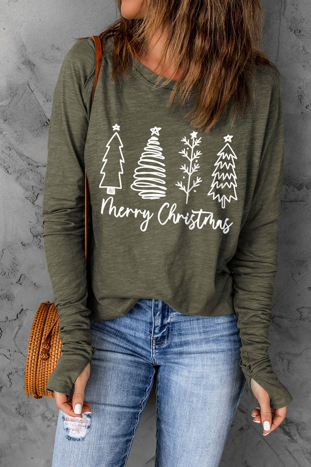 Threaded Pear Thea Merry Christmas Trees Thumbhole Sleeve Graphic Tee