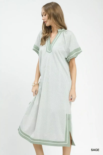 Umgee Pinstripe Contrast Trim Midi Dress