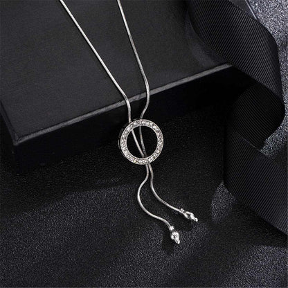 Cubic Zirconia & Silvertone Circle Lariat Necklace