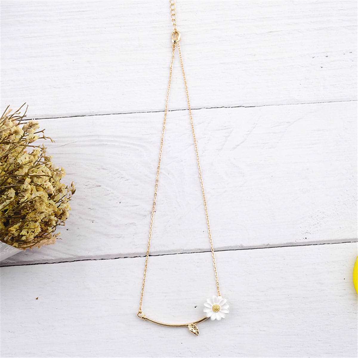 White Enamel & Goldtone Daisy Pendant Necklace