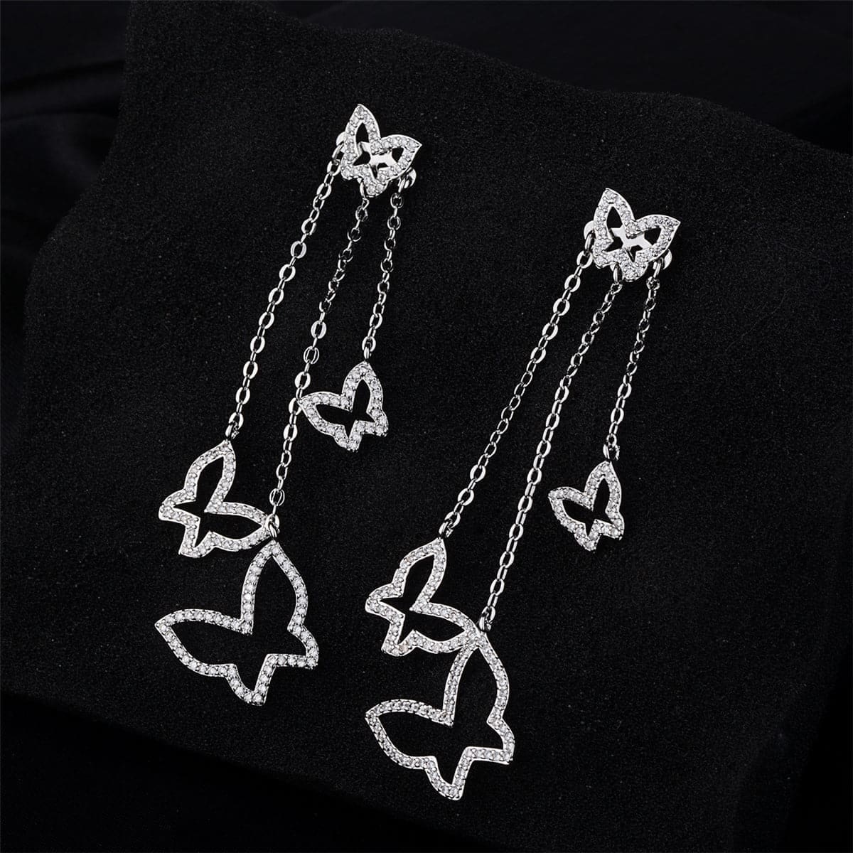 Cubic Zirconia & Silvertone Trio Open Butterfly Drop Earrings
