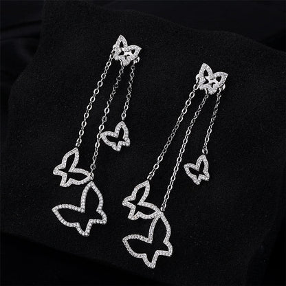 Cubic Zirconia & Silvertone Trio Open Butterfly Drop Earrings