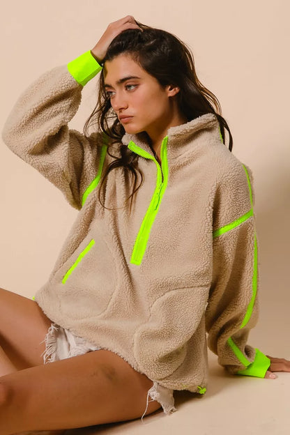 BiBi Contrast Edge Half Zip Up Sherpa Jacket