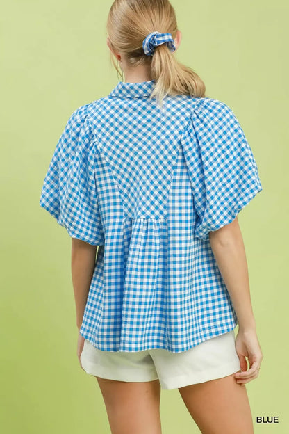 Umgee Smocked Yoke Puff Sleeve Gingham Blouse in Blue