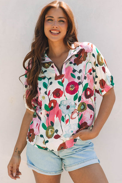 Threaded Pear Adele Floral Slit V Neck Blouse
