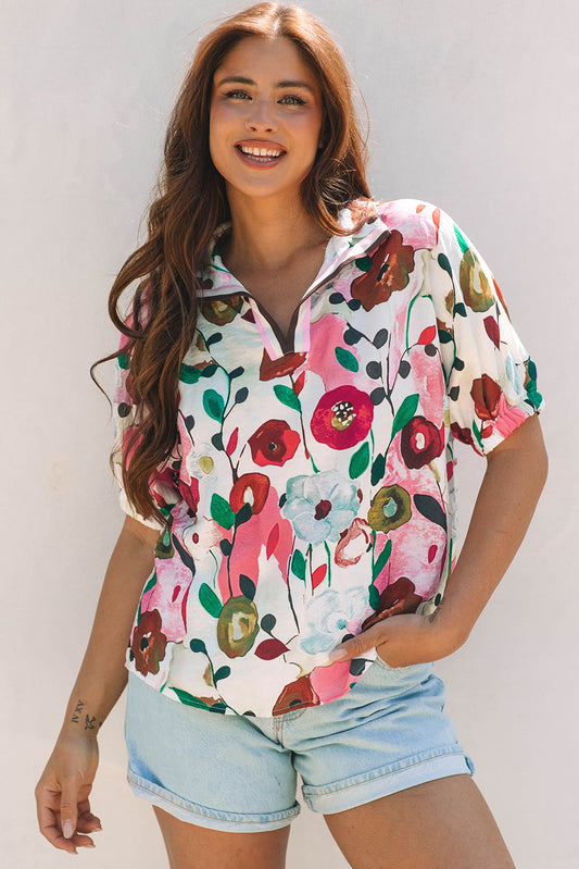Threaded Pear Adele Floral Slit V Neck Blouse