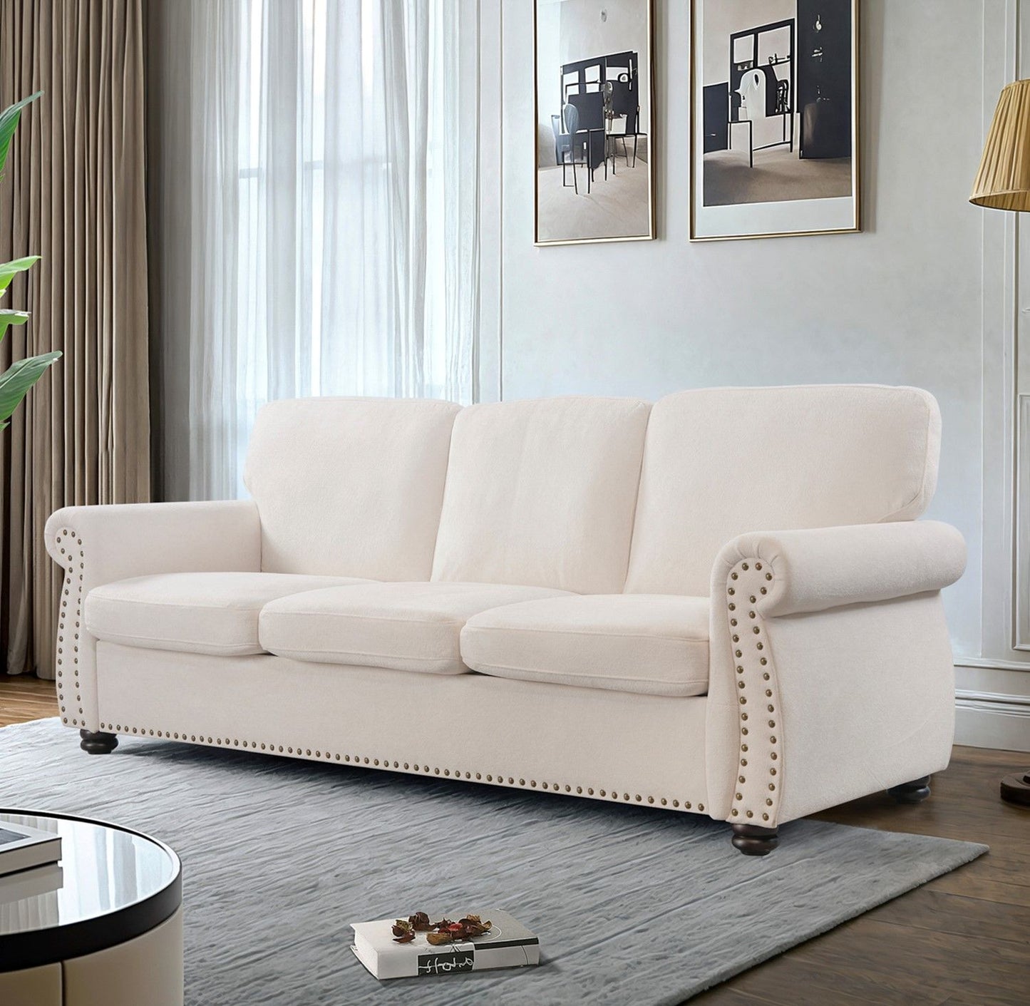 Soft Sofa, Upholstered 3 Seater Couch With High Density Foam, Loose Back Cushions and Turned Legs