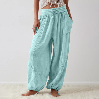 Women’s Solid Color Wide Leg Pants – Elastic Drawstring Waist and Side Pockets