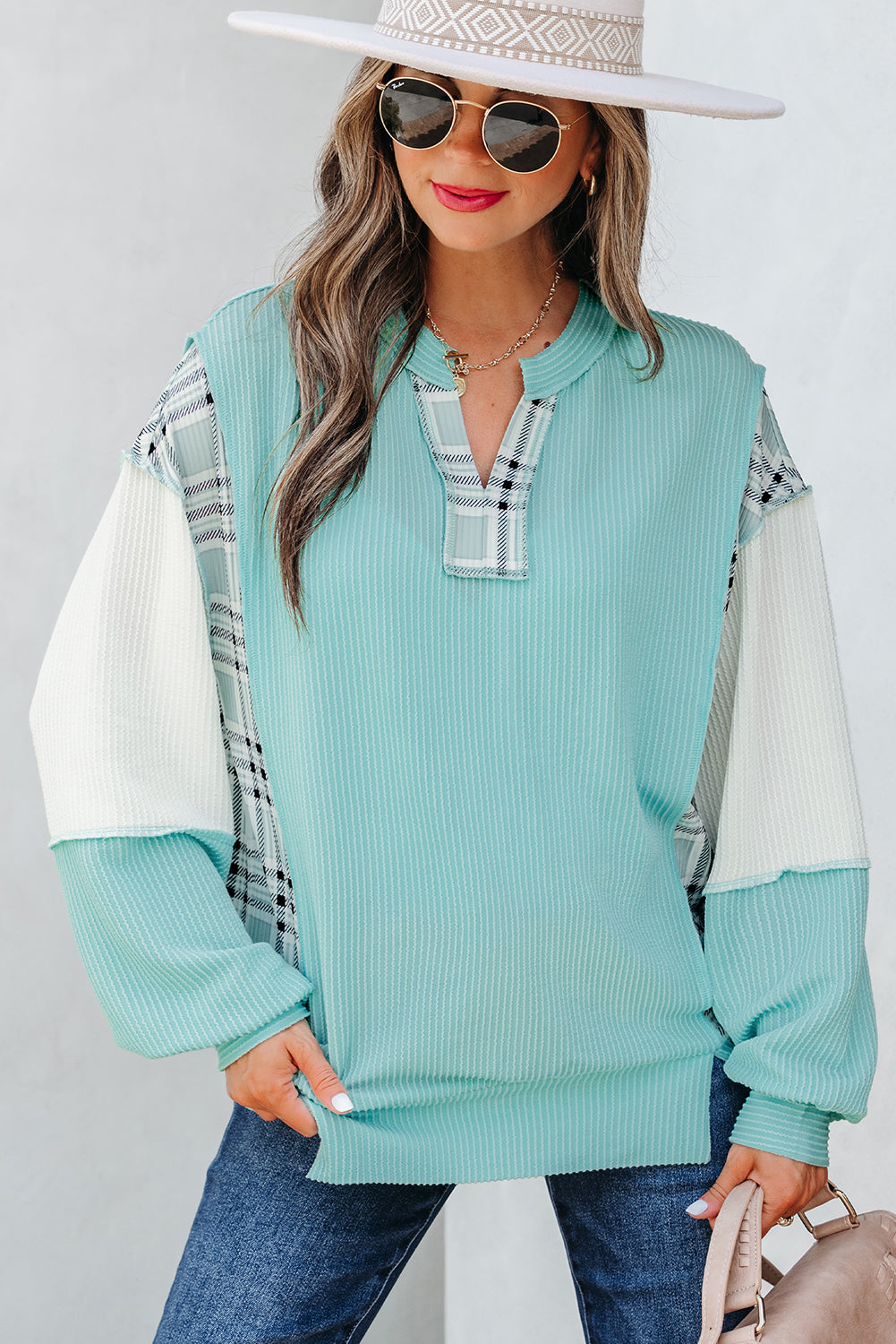 Threaded Pear Maddie Texture Colorblock Patchwork Long Sleeve PLUS Top