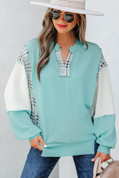 Threaded Pear Maddie Texture Colorblock Patchwork Long Sleeve PLUS Top