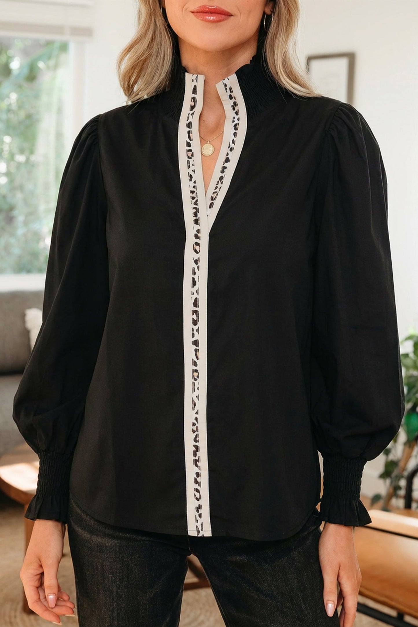Threaded Pear Estrella Flounce Sleeve Trim Blouse