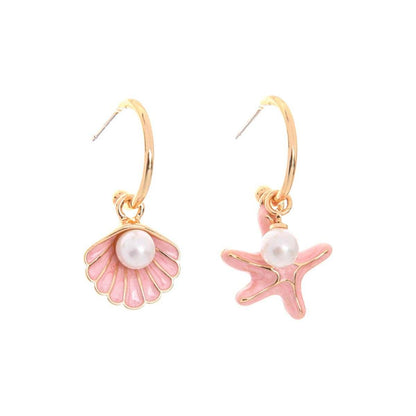 Red Enamel & Pearl Goldtone Shell & Starfish Drop Earrings