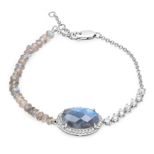 Oval Labradorite Prong Silver Asymmetrical Faceted Bead Tennis Chain Bracelet