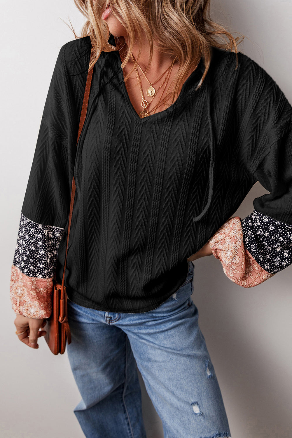 Threaded Pear Poppy Textured Knit Drawstring Blouse