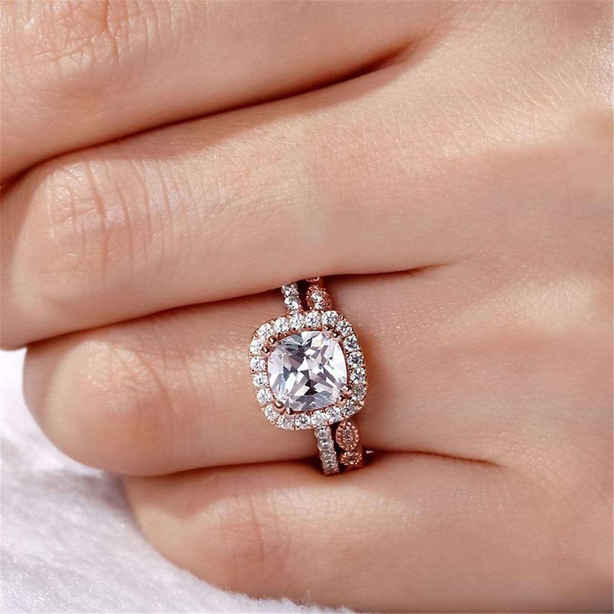 Cubic Zirconia & Crystal Cushion-Cut Halo Ring & Band