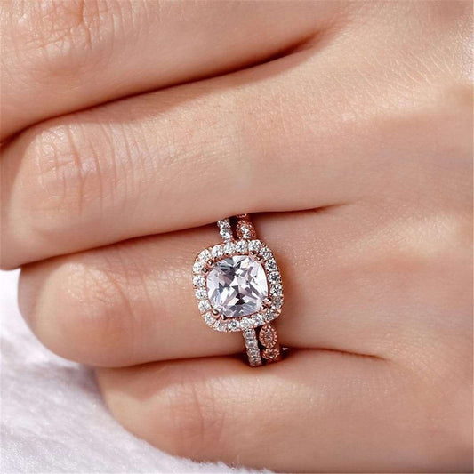 Cubic Zirconia & Crystal Cushion-Cut Halo Ring & Band
