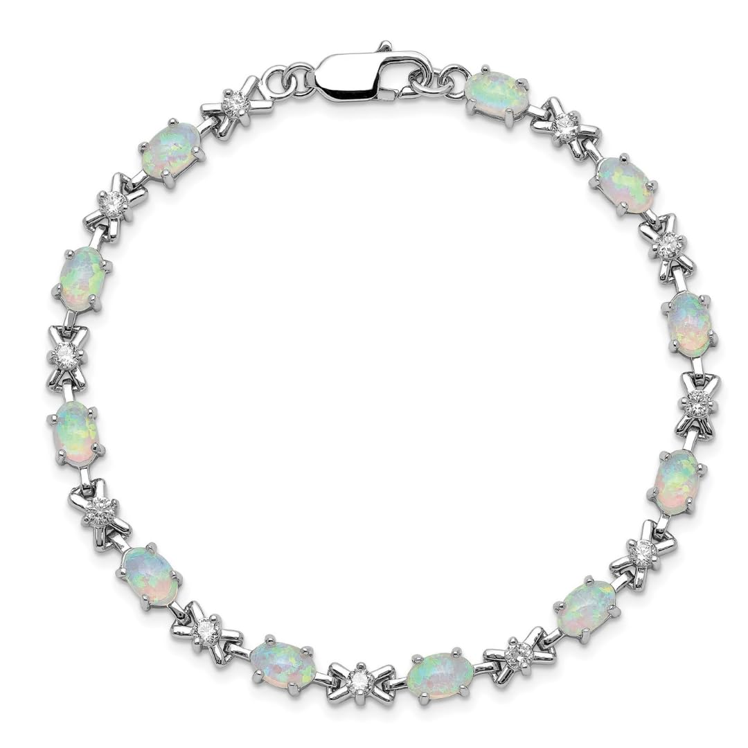 Oval White Created Opal & CZ Prong Sterling Silver X Link Bracelet