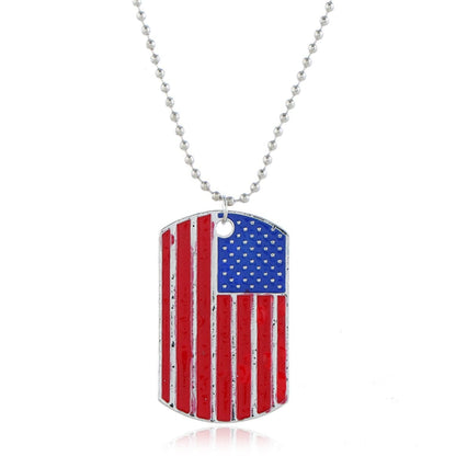 Red & Blue Enamel Stars & Stripes Dog Tag Pendant Necklace