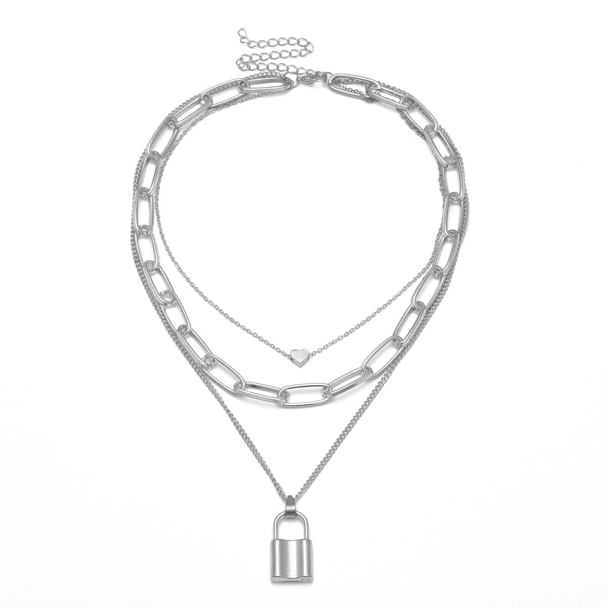 Silvertone Heart & Lock Layered Pendant Necklace-2