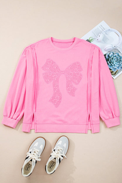 Threaded Pear Pink Big Bow Lace Embroidered Dolman Sleeve Slit Plus Size Sweatshirt