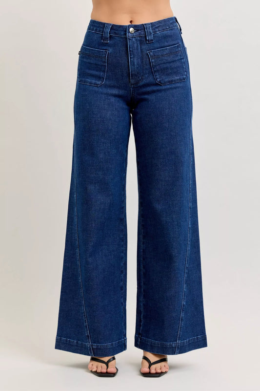 Judy Blue High-Waisted Retro Wide Jeans with Patch Pkts & Twisted Seams