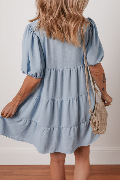 Threaded Pear Arya Shirt Collar Button Up Puff Sleeve Tiered Dress