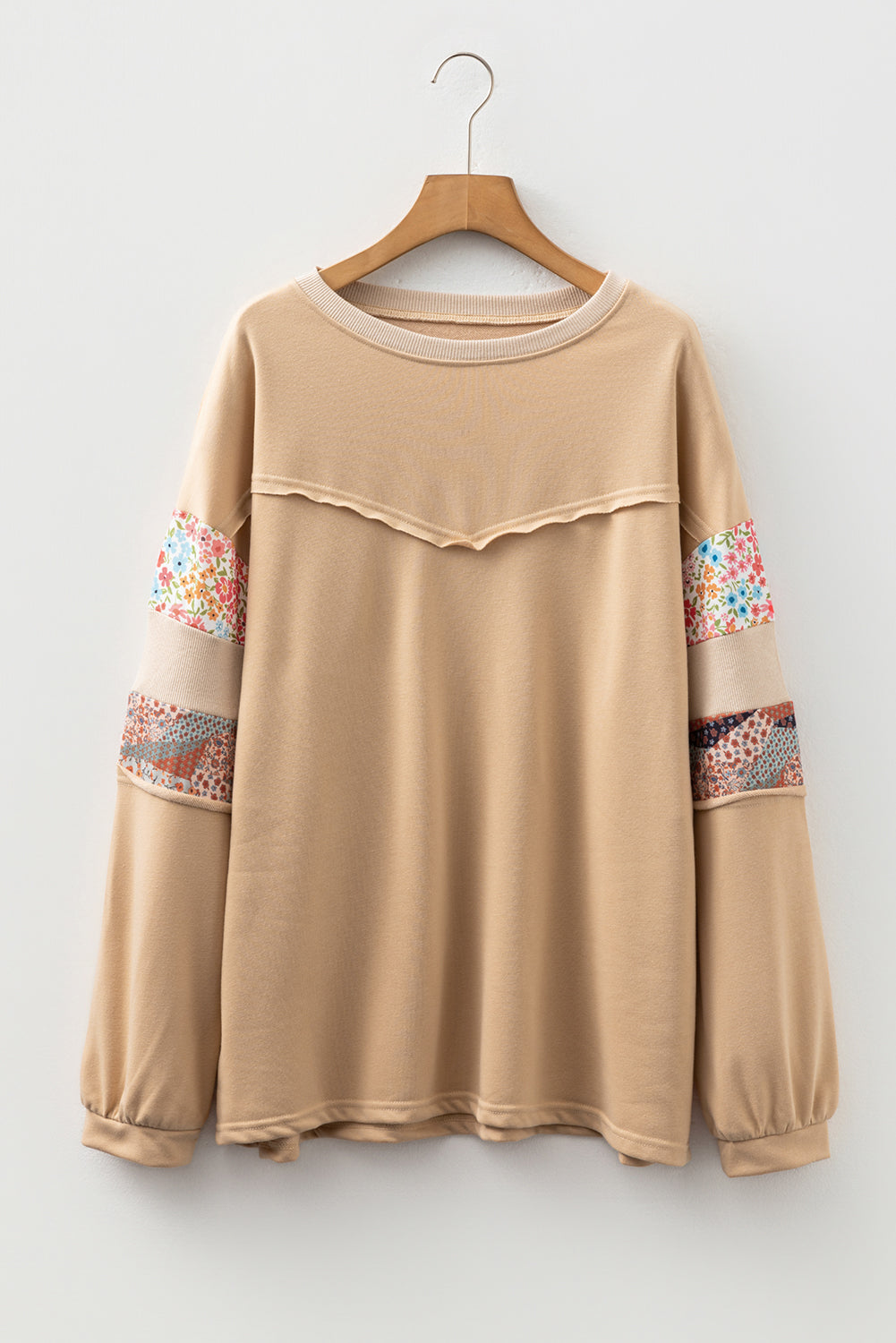 Threaded Pear Khaki Exposed Seam Floral Mixed Patchwork Relaxed Plus Size Top