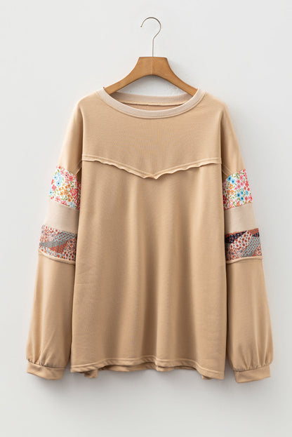 Threaded Pear Khaki Exposed Seam Floral Mixed Patchwork Relaxed Plus Size Top