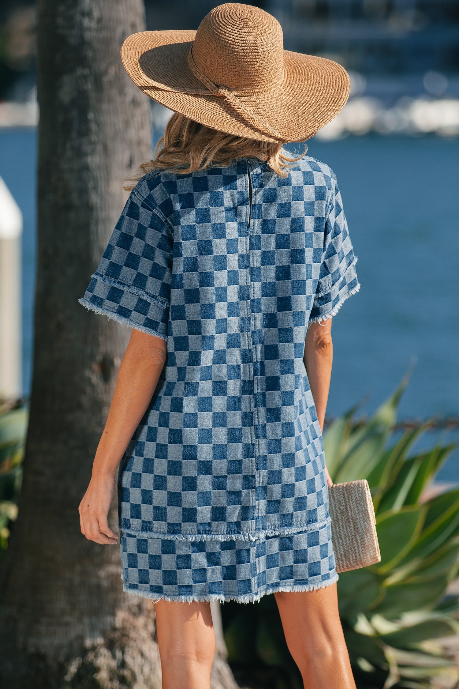 blue checkered mini dress Blue Gingham Puff Sleeve Mini Dress