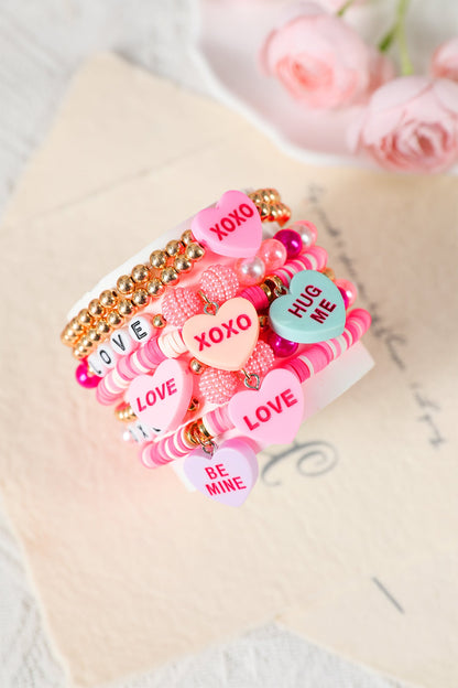 Valentine Heart Pendant Beaded Elastic Bracelet - Pink / ONE