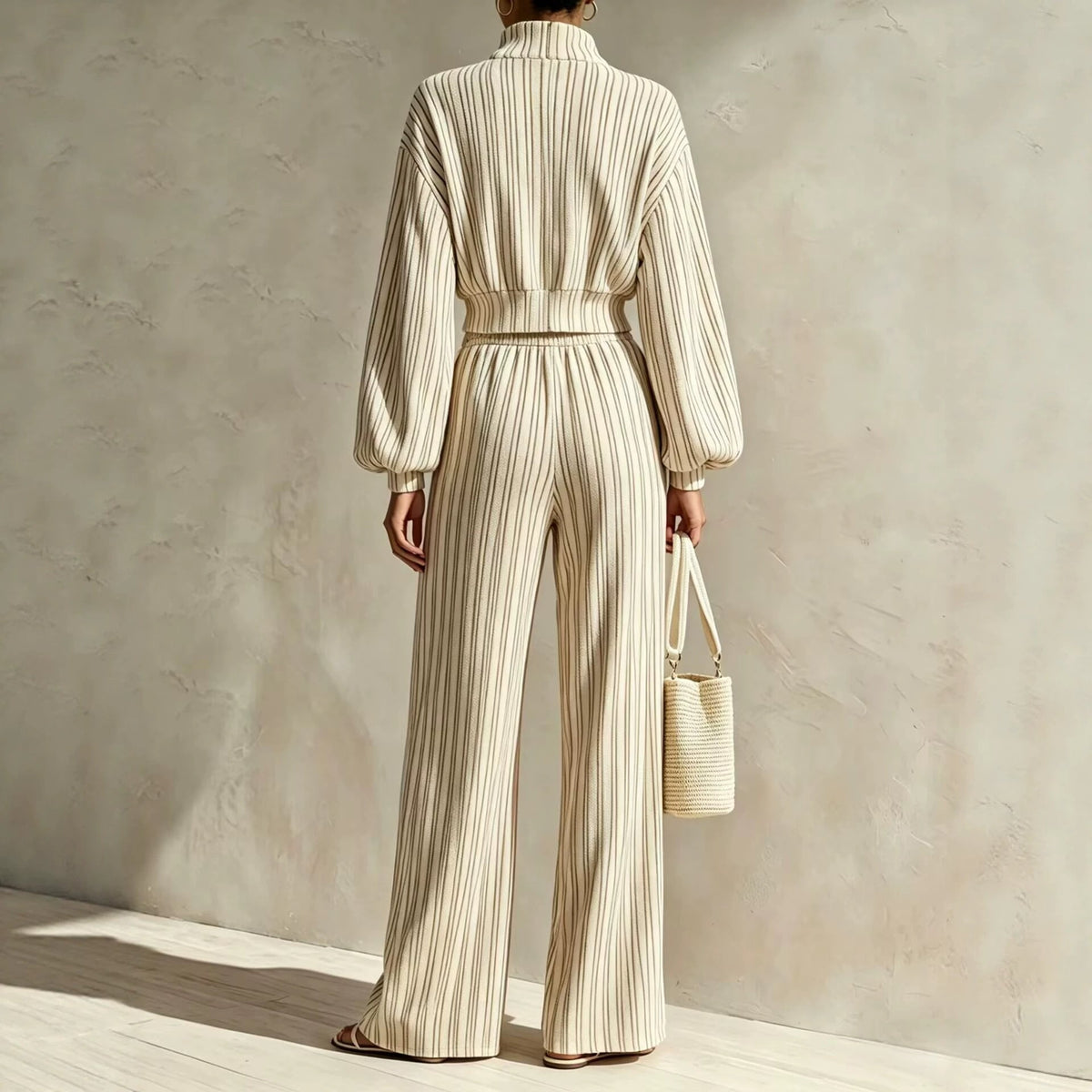 Women's Textured Woven-Stripe Puff-Sleeve Zip Jacket & Wide-Leg Pants Set