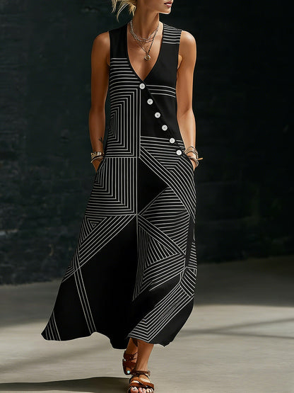 Women's V-Neck Diagonal Button Placket Cotton-Linen Shirt & Wide-Leg Pants Set