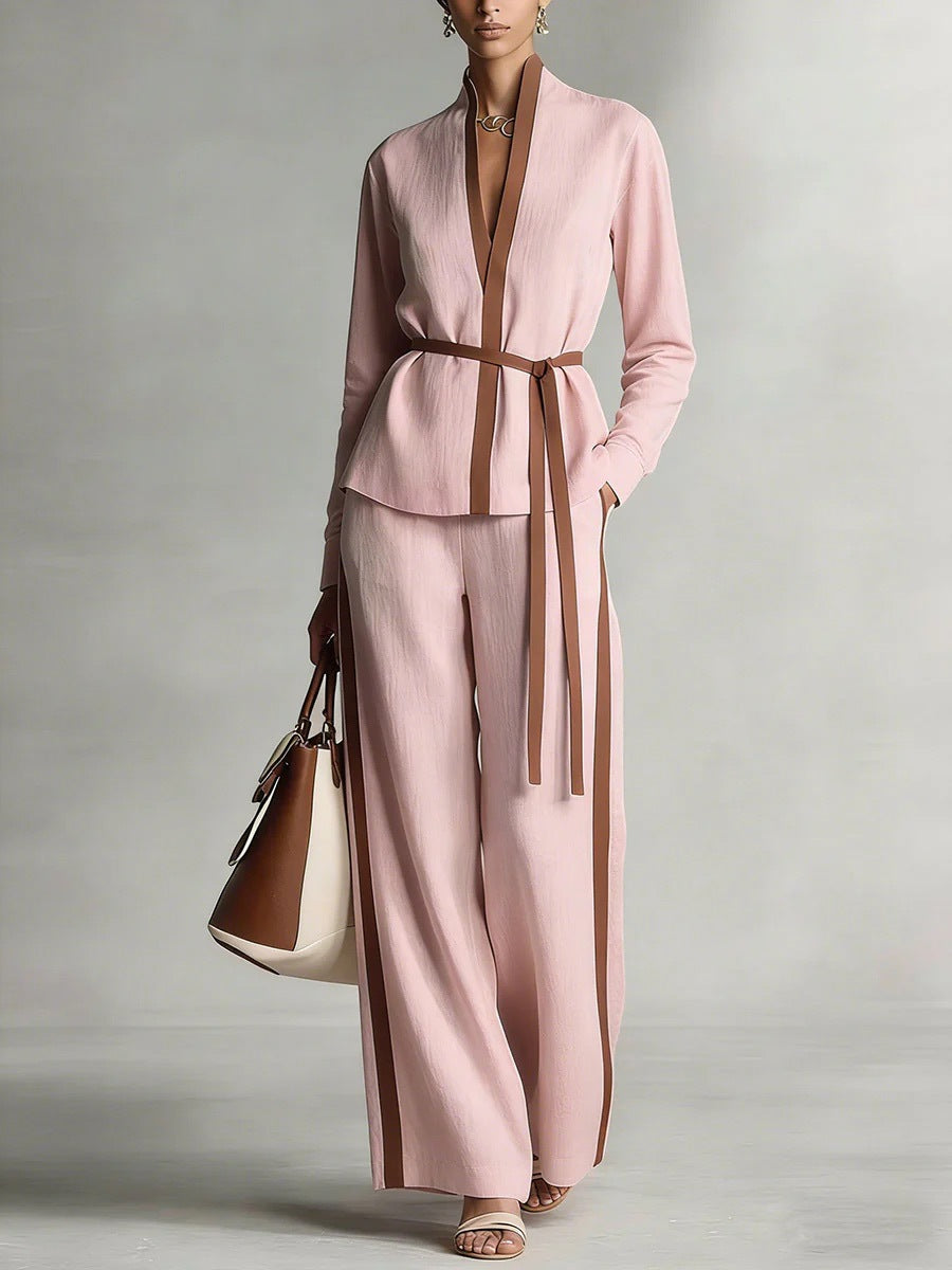Women’s Patchwork Cardigan & Wide Leg Pants Two Piece Set