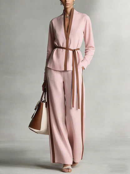 Women’s Patchwork Cardigan & Wide Leg Pants Two Piece Set