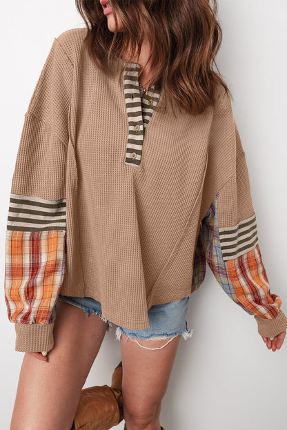 Threaded Pear Aaliyah Waffle Stripe Plaid Patchwork Henley Knit Top