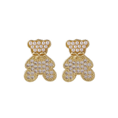 Pearl & Cubic Zirconia Goldtone Bear Stud Earrings