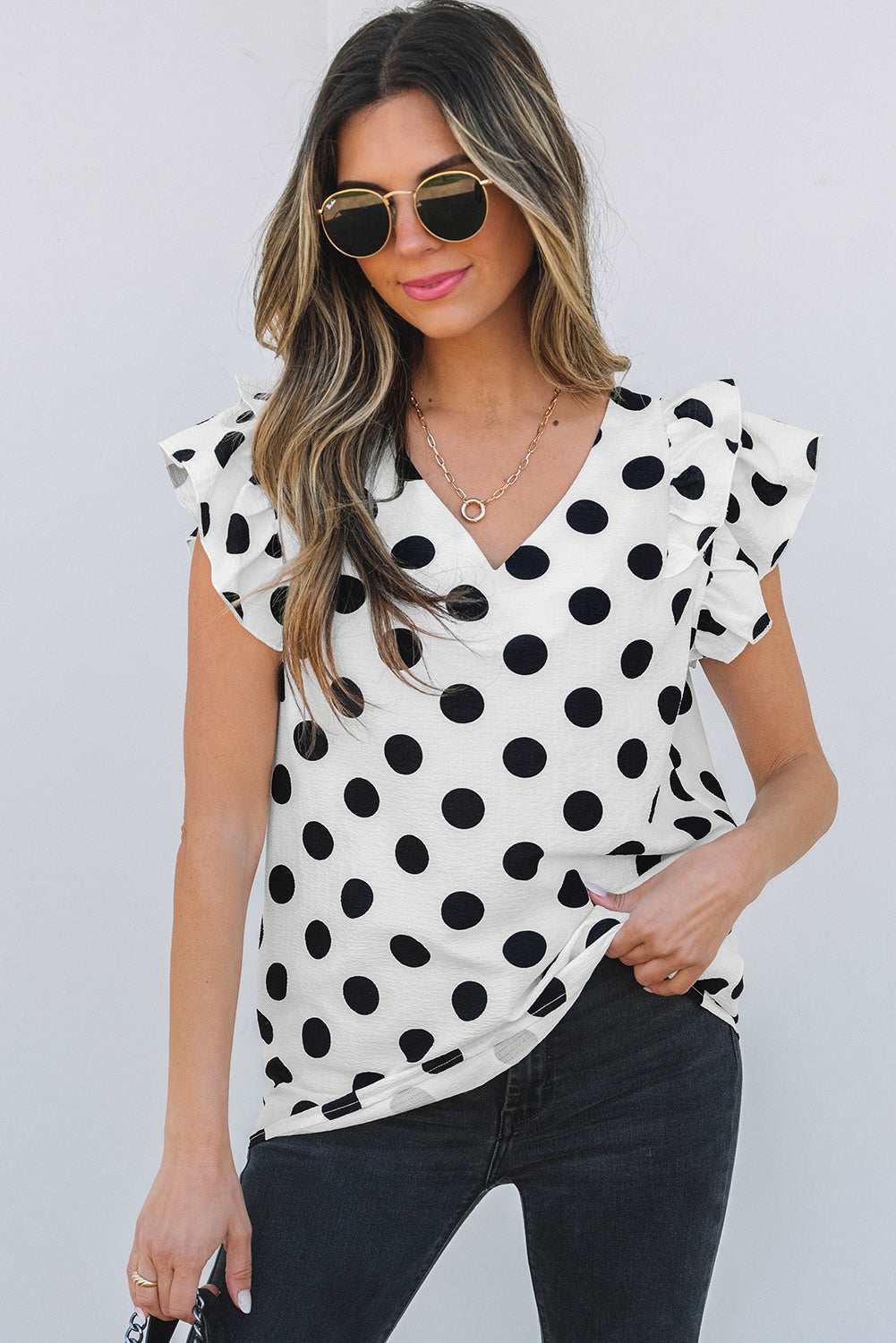 Halo Polka Dot Ruffled Sleeve V Neck Blouse - White / M - 8/10
