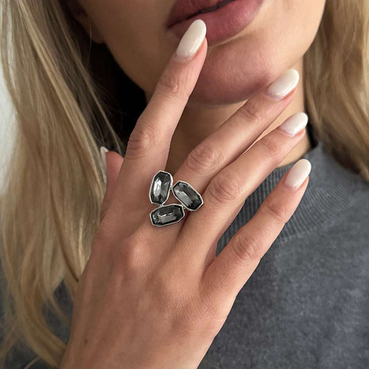 Gray Crystal & Silvertone Tri-Rectangle Open Ring