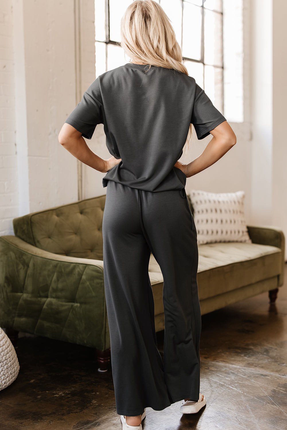 Threaded Pear Dallas Drawstring Side Crewneck Tee and Loose Pants Set