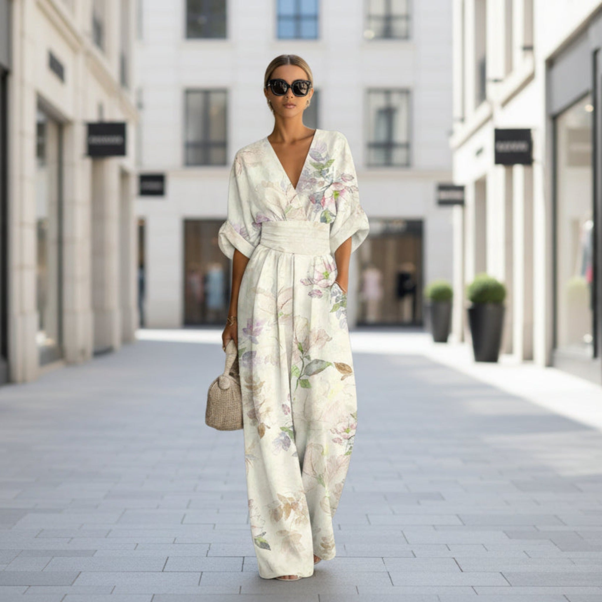 Women's Waist-Cinched V-Neck Printed Wide-Leg Jumpsuit – Zulily