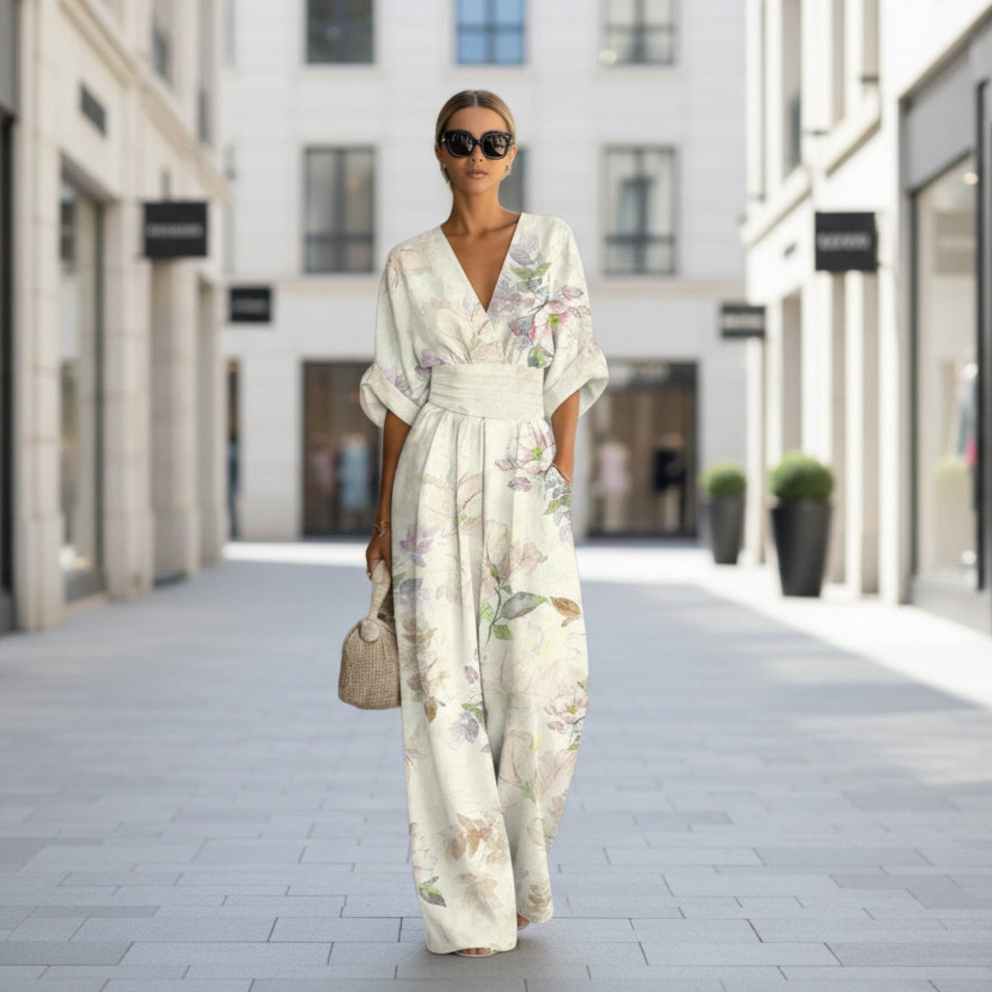 Women's Waist-Cinched V-Neck Printed Wide-Leg Jumpsuit
